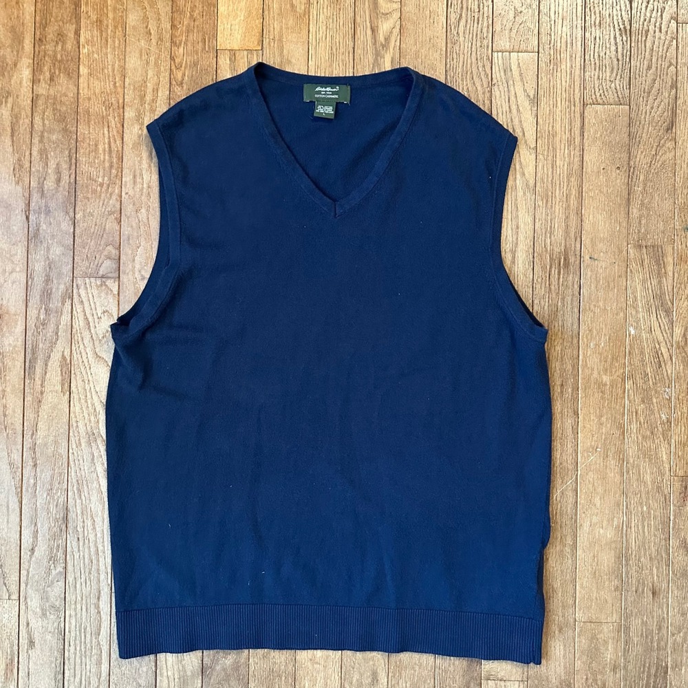 Eddie Bauer Navy Blue Cotton Cashmere V Neck Sweater‎ Vest Size L Academic